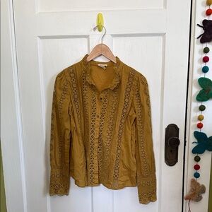 Sézane Button Down Embroidered Mustard Yellow Top
